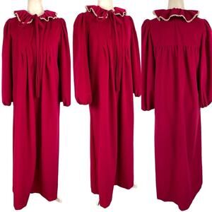 Vintage 80s Oscar De La Renta Fleece Rococo Robe Lace Trim Balloon Sleeves Small